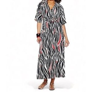 NIKKI POULOS 3X Faux Wrap Maxi Dress White Black Red 3/4 Sleeve Stretch Knit